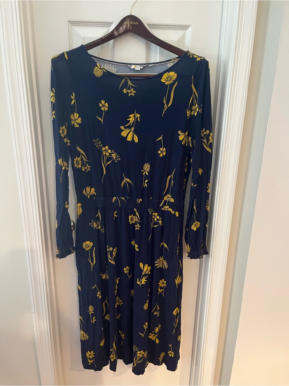 Boden Navy Long-Sleeve Midi Dress with Yellow Floral Print